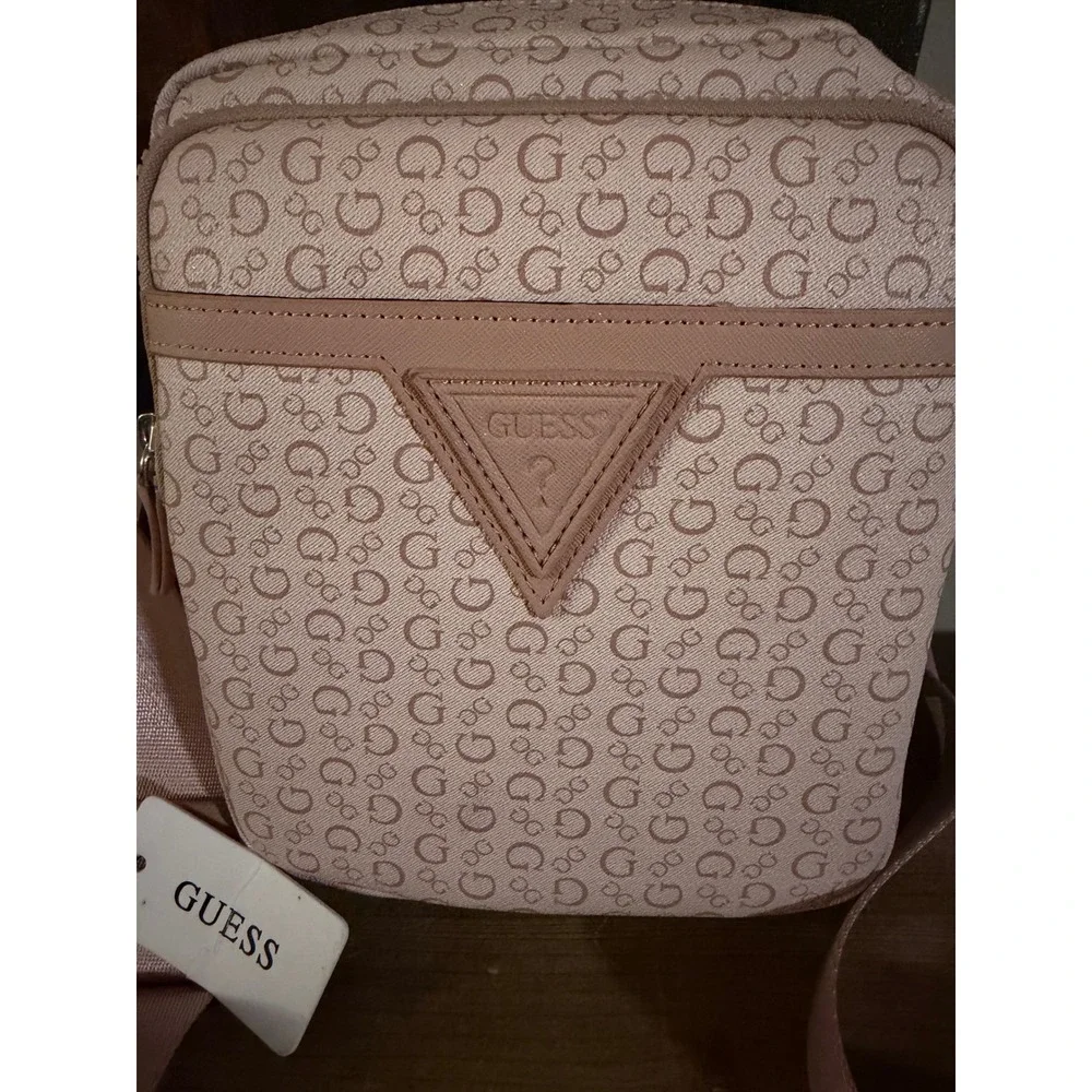 Guess Women Blush Pink Logo Print Crossbody Bag Adjustable Strap New